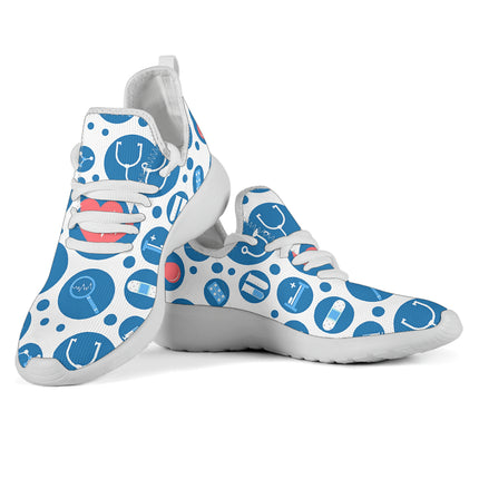 Weiße Netz-Sneaker für Krankenschwestern 3 mit blau-weißen medizinischen Symbolen