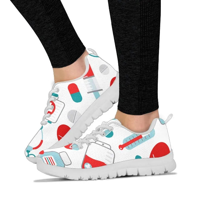 White Mesh Nurse Sneaker 10 With Teal/Red Medical Symbols