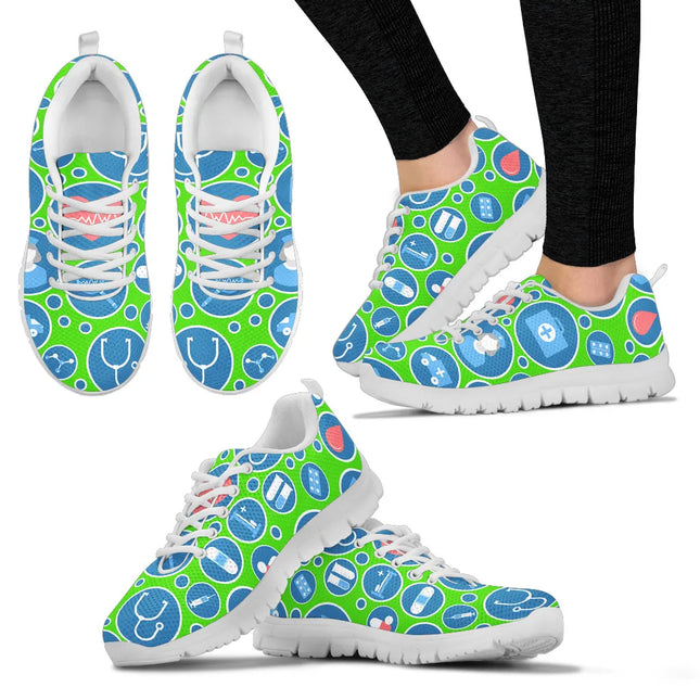 Sneakers da infermiera da donna in rete verde acqua 3 con icone mediche blu e bianche