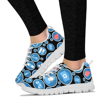Sneakers da donna nere in mesh 3 con icone mediche blu e bianche