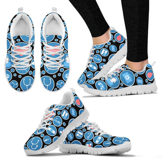 Schwarze Mesh-Nurse-Turnschuhe für Damen 3 mit blau-weißen medizinischen Symbolen
