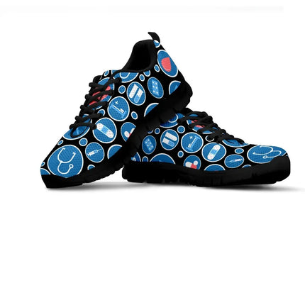 Sneakers da donna nere in mesh 3 con icone mediche blu e bianche