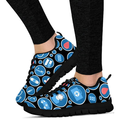 Sneakers da donna nere in mesh 3 con icone mediche blu e bianche