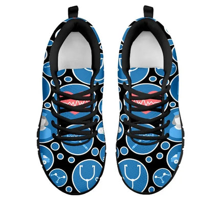 Sneakers da donna nere in mesh 3 con icone mediche blu e bianche