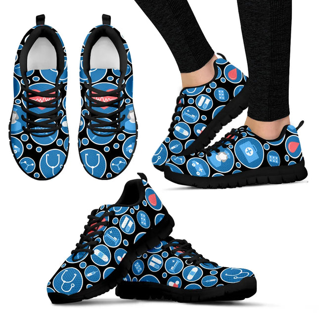 Schwarze Mesh-Nurse-Turnschuhe für Damen 3 mit blau-weißen medizinischen Symbolen