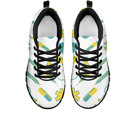 Damskie białe siateczkowe sneakersy pielęgniarskie 2 z żółto-turkusowym motywem medycznym