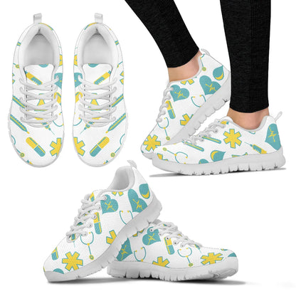 Women's White Mesh Nurse Sneakers 2 With Yellow-Teal Medical Motif