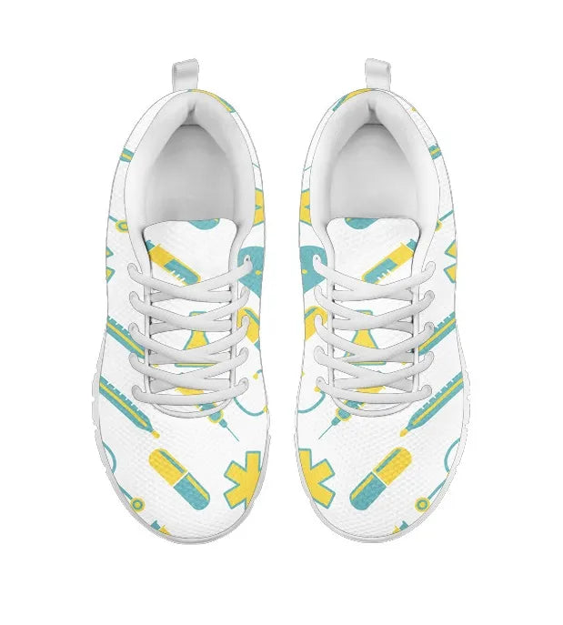 Women's White Mesh Nurse Sneakers 2 With Yellow-Teal Medical Motif