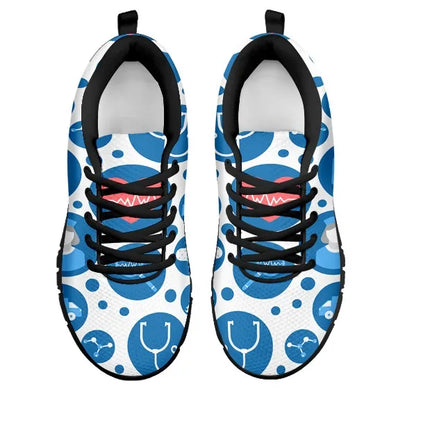 Baskets Nurse 3 en maille blanche pour femme avec icônes médicales bleu-blanc