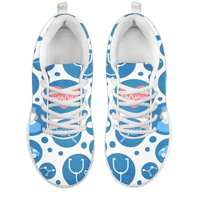 Baskets Nurse 3 en maille blanche pour femme avec icônes médicales bleu-blanc
