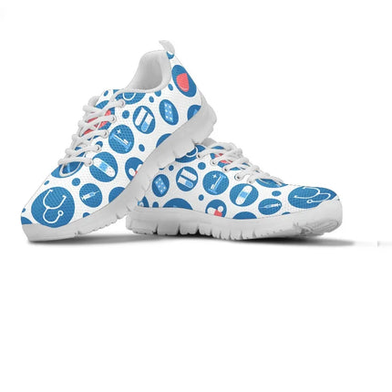 Baskets Nurse 3 en maille blanche pour femme avec icônes médicales bleu-blanc