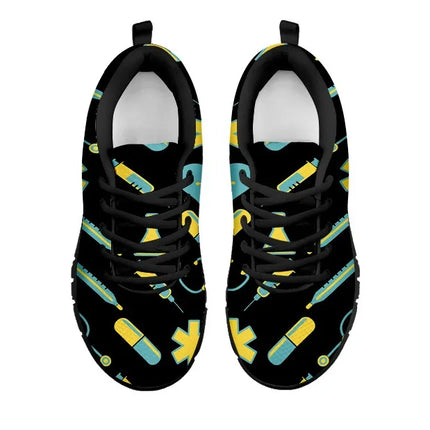 Sneakers Nurse 2 en maille noire pour femme avec motif médical jaune-bleu sarcelle