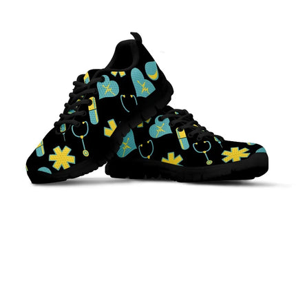 Sneakers Nurse 2 en maille noire pour femme avec motif médical jaune-bleu sarcelle