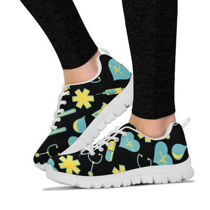 Sneakers Nurse 2 en maille noire pour femme avec motif médical jaune-bleu sarcelle