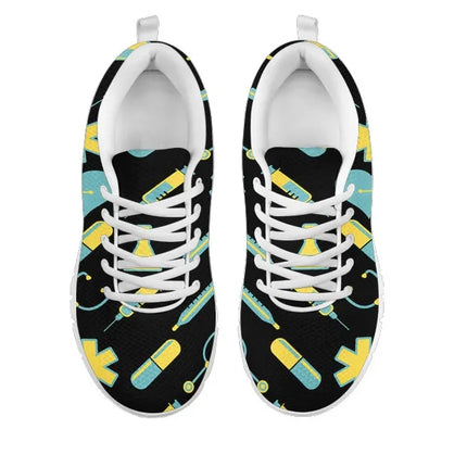 Sneakers Nurse 2 en maille noire pour femme avec motif médical jaune-bleu sarcelle