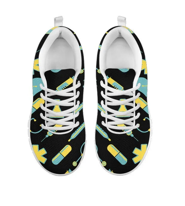 Sneakers Nurse 2 en maille noire pour femme avec motif médical jaune-bleu sarcelle