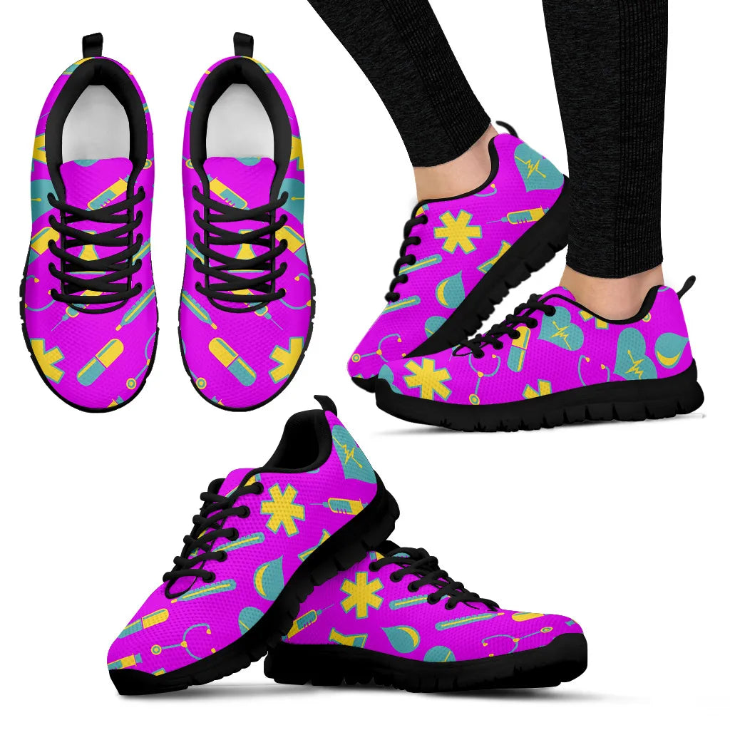 Sneakers Nurse 2 fuchsia en filet pour femme avec motif médical jaune-sarcelle